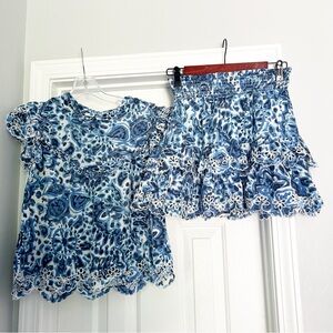 House of Harlow Blue and White Floral Paisley Flutter Eyelet Skirt Set
